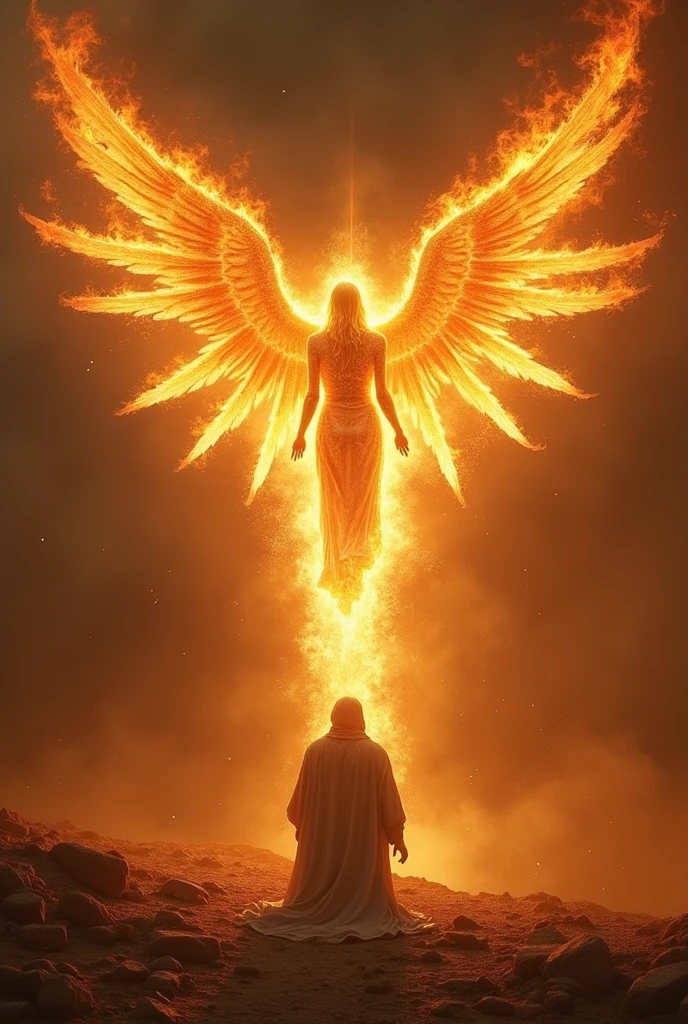 Prophet Ezekiel prostrating himself before the angel of fire with six wings