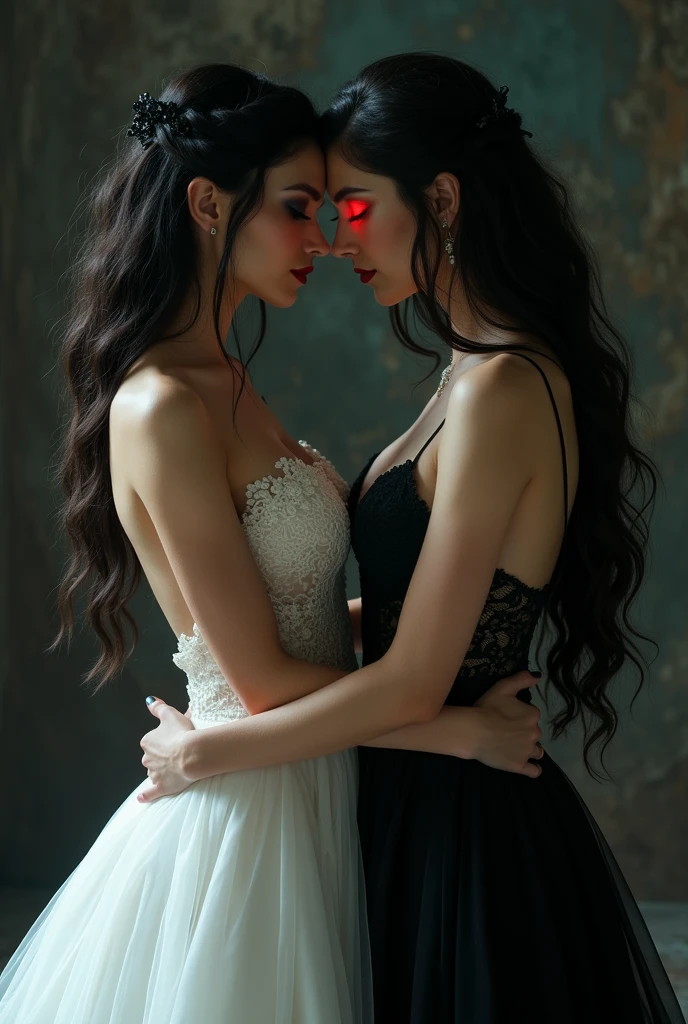 Masterpiece, 
Beautiful bride in white dress seduced by alluring lesbian vampire woman, evil, gothic black lace dress, flattering, cleavage, Long Hair, kiss, glowing red eyes