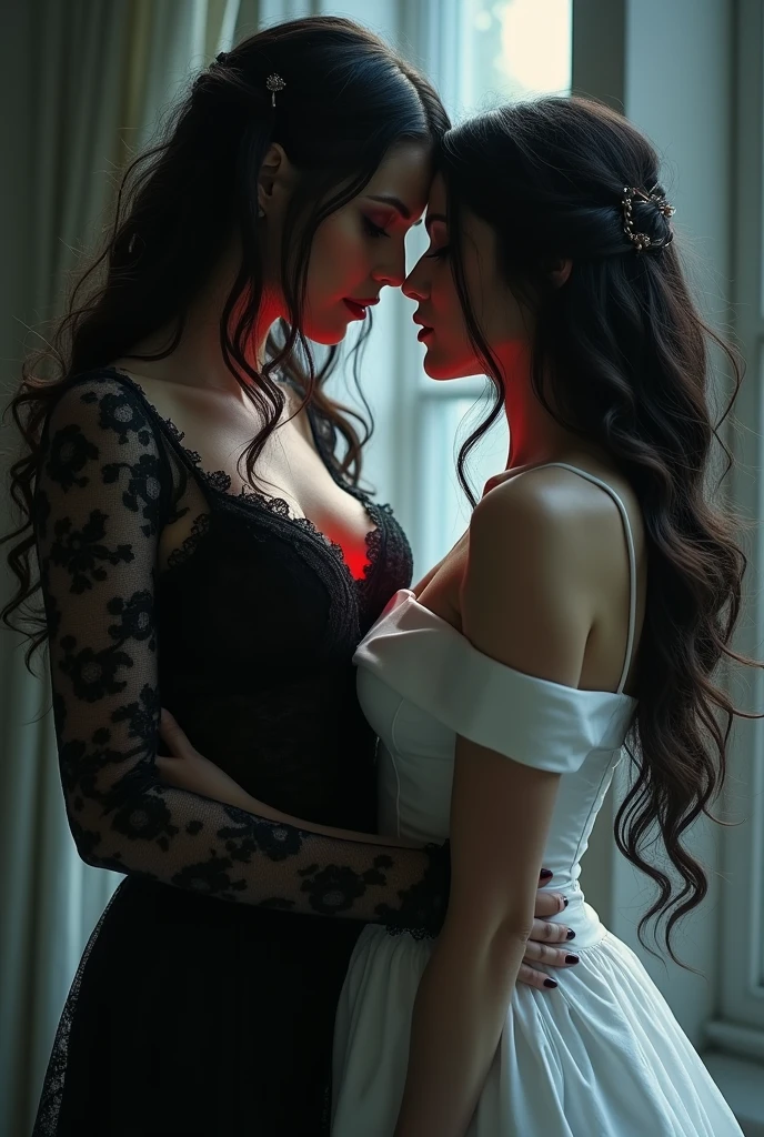 Masterpiece,
Beautiful bride in white dress seduced by alluring lesbian vampire woman, evil, gothic black lace dress, flattering, cleavage, Long Hair, kiss, glowing red eyes