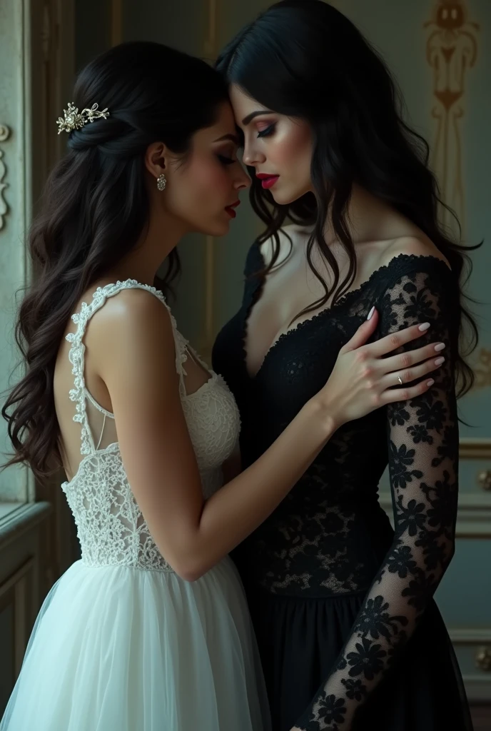 Masterpiece,
Beautiful bride in white dress seduced by alluring lesbian vampire woman, evil, gothic black lace dress, flattering, cleavage, Long Hair, kiss, glowing red eyes