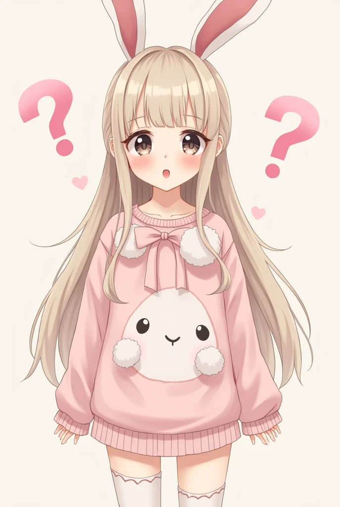 ((Best Quality)), ((masterpiece)), (detailed), a beautiful skin colored girl has long straight beige hair with a slight fringe she has long bunny ears she has big black eyes and beautiful eyelashes and a soft open mouth blushed beautiful she has two pink question marks next to her face she has a light pink bunny sweater with a ribbon of the same color that has two white fluffy balls she has long knee-high stockings white with pink butt and busty