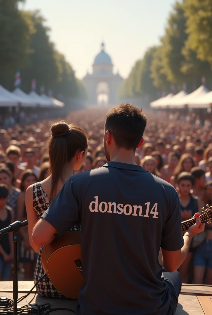 (photorealism:1.2), (Format 16:9)
A man sitting in front of a large public, wearing a shirt with DONSON14 WRITEN on it, playing guitar and singing in front of a public with beautiful girl righ in front the scene,