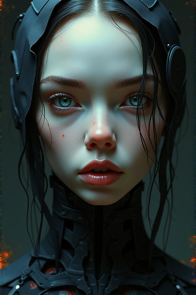 a close-up symmetrical portrait of a cold girl Biomechanics, mshn robot, touches of orange-red, hyper realistic, conception complexe, (incredibly detailed:1.4), (Extremely fine details:1.35), Extremely sharp lines, steel, cinematic lighting, Photorealistic, a detailed painting of selene from underworld (best quality, high quality, absurdists, complex detail, head of'artwork, cinematic), very detailed, flou de mouvement, grain de film, bruit,