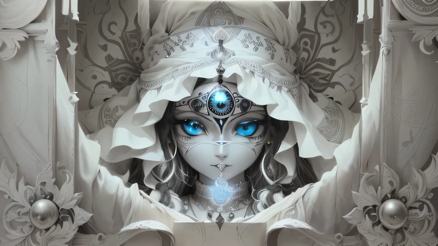 a close-up of a black and white photograph of a window, abrindo o third eye, wedjat eye, THE EYE THAT SEES EVERYTHING, Índia third eye tika, third eye no middle of the forehead, third eye, middle of the forehead, Hidden silver mask of full face, very grainy image, ( THE EYE THAT SEES EVERYTHING ), Índia tika third eye, vhs screenshot, THE EYE THAT SEES EVERYTHING