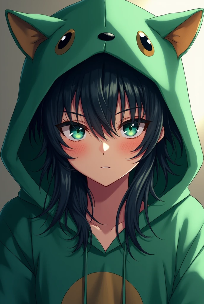 a long black-haired, teal blue-eyed anime boy, wearing a cute green animal hoodie, cover head, long black hair, front view, knees down, overlook, beautiful, masterpiece, best quality,(((hot))) ((sexy pose))) (seductive))) (shiny)))