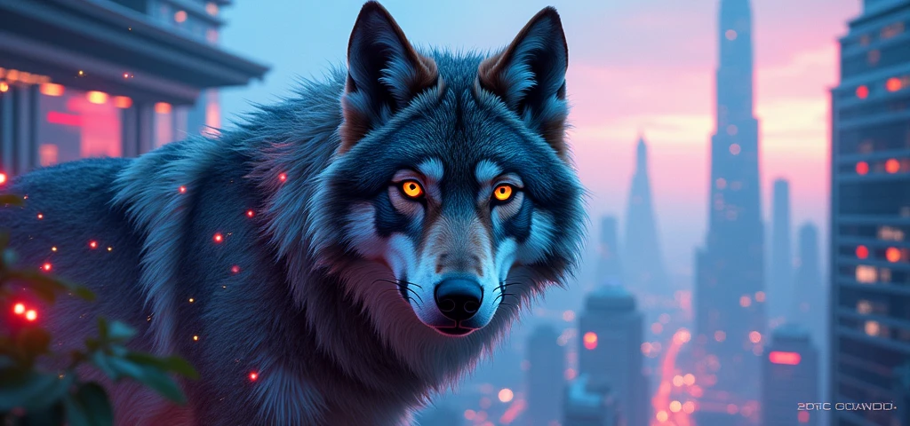 Twitch profile banner with video game and wolf elements in a futuristic style