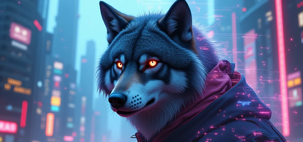 Twitch profile banner with video game and wolf elements in a futuristic style