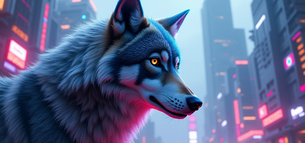 Twitch profile banner with video game and wolf elements in a futuristic style