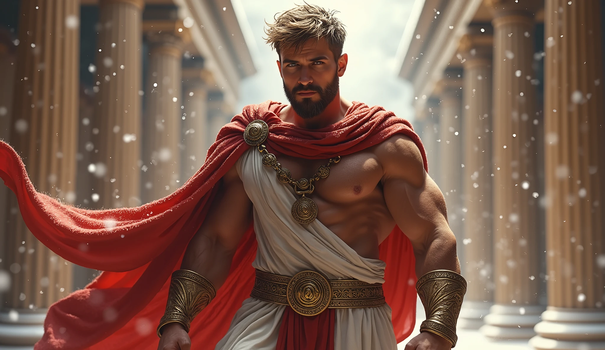 ((artwork)) ((body completo)) ((Full body inside the image)) ((30 year old man)) body: brownish skin, high, muscular, ((body hair)) ((platinum ruby hair)) male face, barbarian, pretty eyes, detailed eyes ((gold eyes)). Expression: seductive, sonrisa seductive. CLOTHES: Red Greek Cape, TOGA BLANCA, gold ornaments, greek prince ornaments. pose: dynamic. scene: greek temple, Greek columns. Decor: winter, Decor de winter brillante, wonderful lighting.