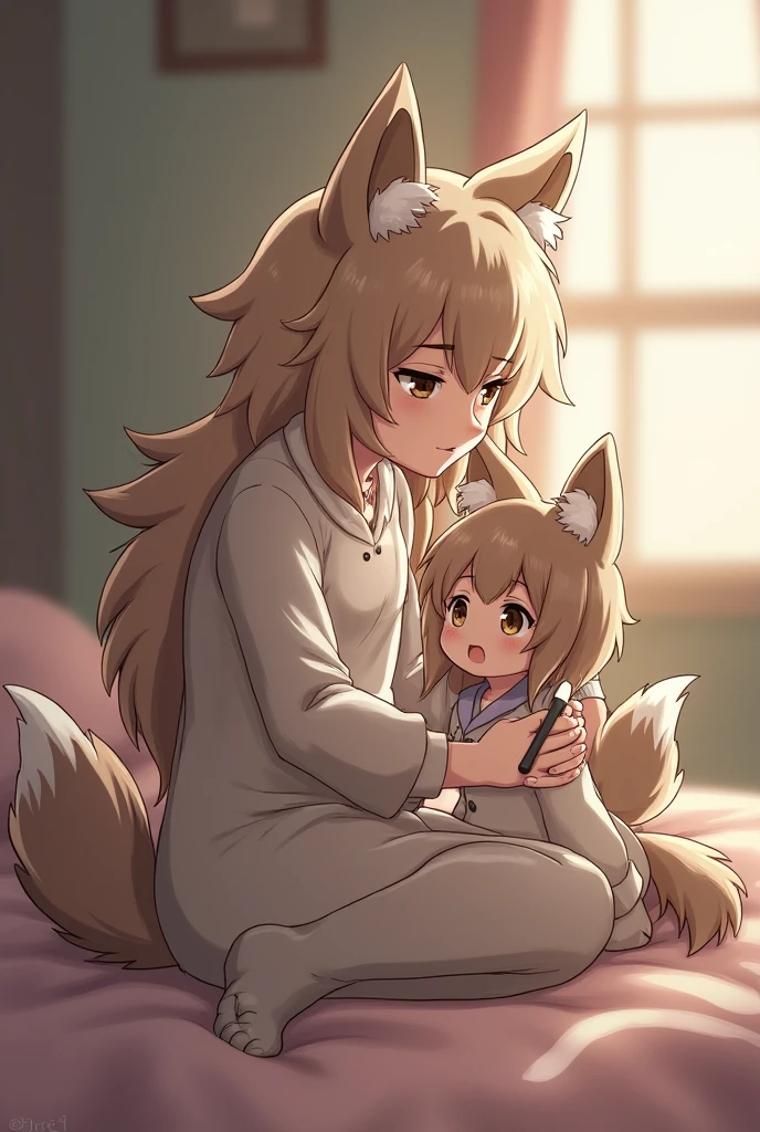 Furry girl with wolf ears and tail combing a girl who looks just like her but is a smaller version