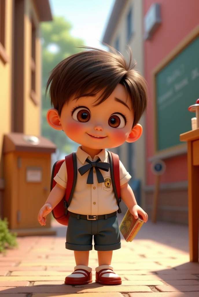 A boy have a big hair and wearing school dress and Red eyes bag on a shoulder