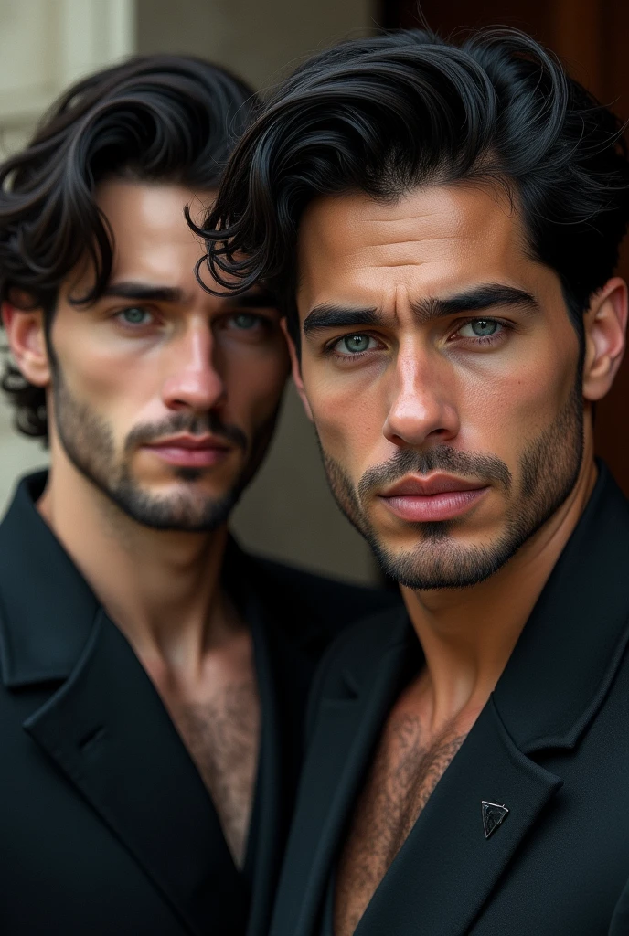 2 Italian man with wavy black hair with light blue eyes and diamond face 