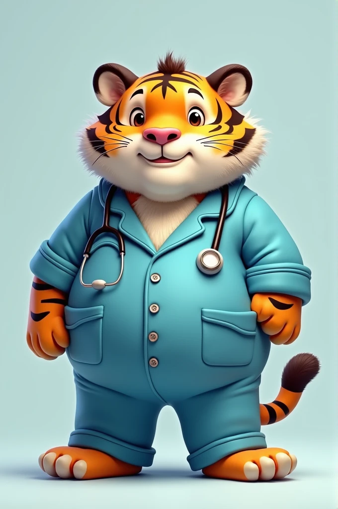 Chubby tiger in blue doctor's pajamas
