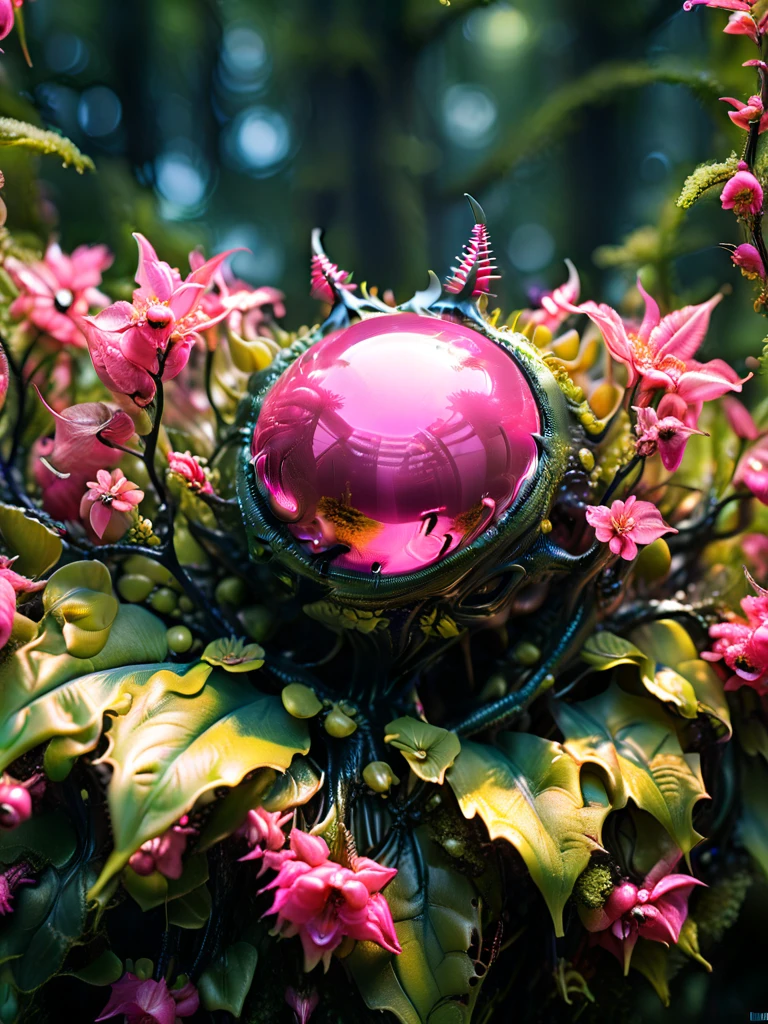 Alien flora, breeding on the trees, on another planet alien, Futuristic, foam, tactical, sleek, highly detailed forest, sunny day in forest, Miki Asai Macro photography, close-up, hyper detailed, trending on artstation, sharp focus, studio photo, highly detailed, macro photo, by greg rutkowski, intricate details, Hot Pink extremely detailed Eyes,realistic, 8k, sharp details, masterpiece, artstation, Panoramic, iridescence, hdr, sun light, metallic, Ultra HDR,Realistic, Cinematic Portrait, Cinematic photography, Masterpiece 