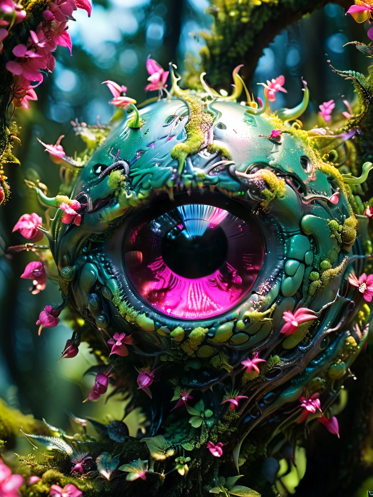 Alien flora, breeding on the trees, on another planet alien, Futuristic, foam, tactical, sleek, highly detailed forest, sunny day in forest, Miki Asai Macro photography, close-up, hyper detailed, trending on artstation, sharp focus, studio photo, highly detailed, macro photo, by greg rutkowski, intricate details, Hot Pink extremely detailed Eyes,realistic, 8k, sharp details, masterpiece, artstation, Panoramic, iridescence, hdr, sun light, metallic, Ultra HDR,Realistic, Cinematic Portrait, Cinematic photography, Masterpiece