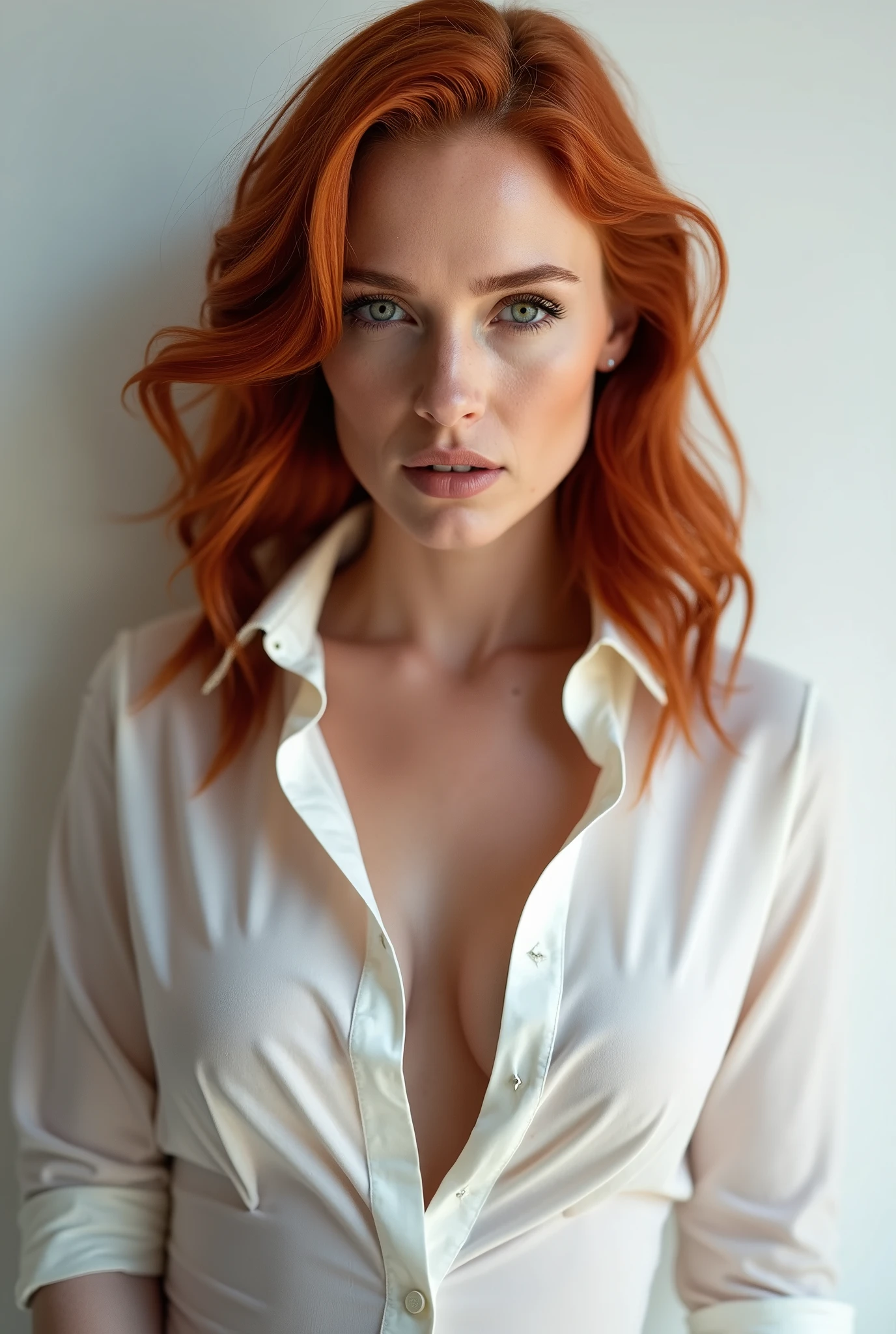 Jessica chastain, ginger red hair, medium body photo, deep v-neck shirt, white background, model photoshoot, (cleavage:1.4), large breasts