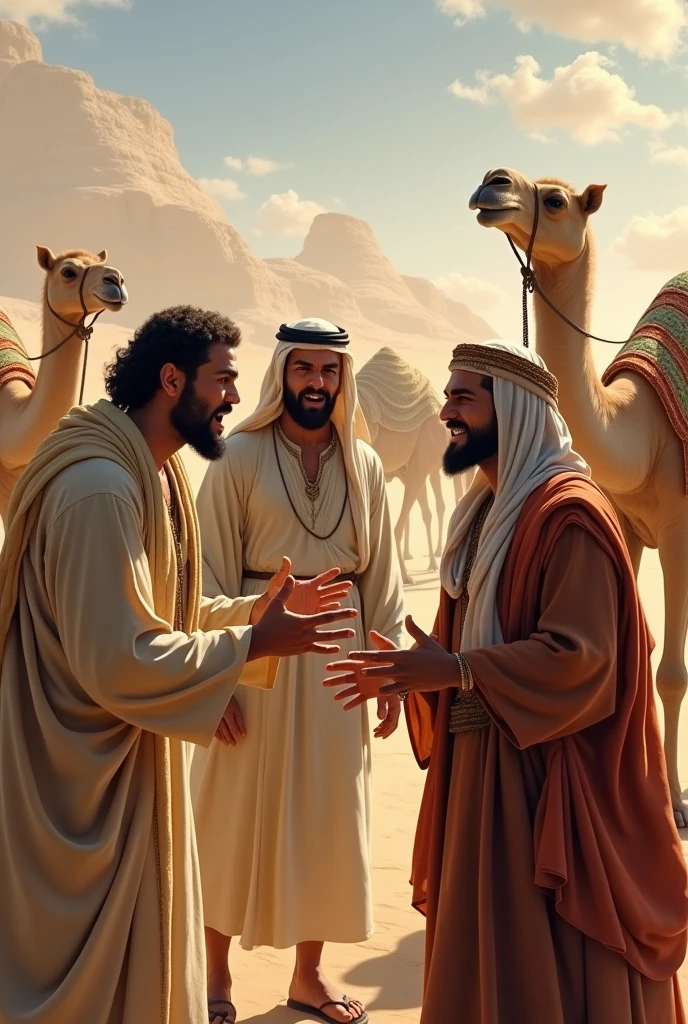 scene: The three brothers arguing, with camels tied nearby.
Dialogue 1: Brother 1: "We can't divide the camels like that, It's not fair!"
Dialogue 2: Brother 2: "We need a solution!"
Narrative text: "They came across three brothers arguing about how to divide their father's inheritance.."