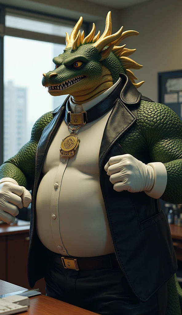A realistic full body image of an overweight, male anthropomorphic dragon, characterized by glossy-white latex gloves on his hands and feet. The dragon wears a sleek, black leather collar around his neck, embellished with a gold buckle and a dog-tag. Located in a professional office setting, the dragon brandishes an intimidating grin towards the viewer, while clenching his fists and teeth in a display of authority. As a commanding figure, this dragon is unmistakably the boss of the office, conveying power and assertiveness.