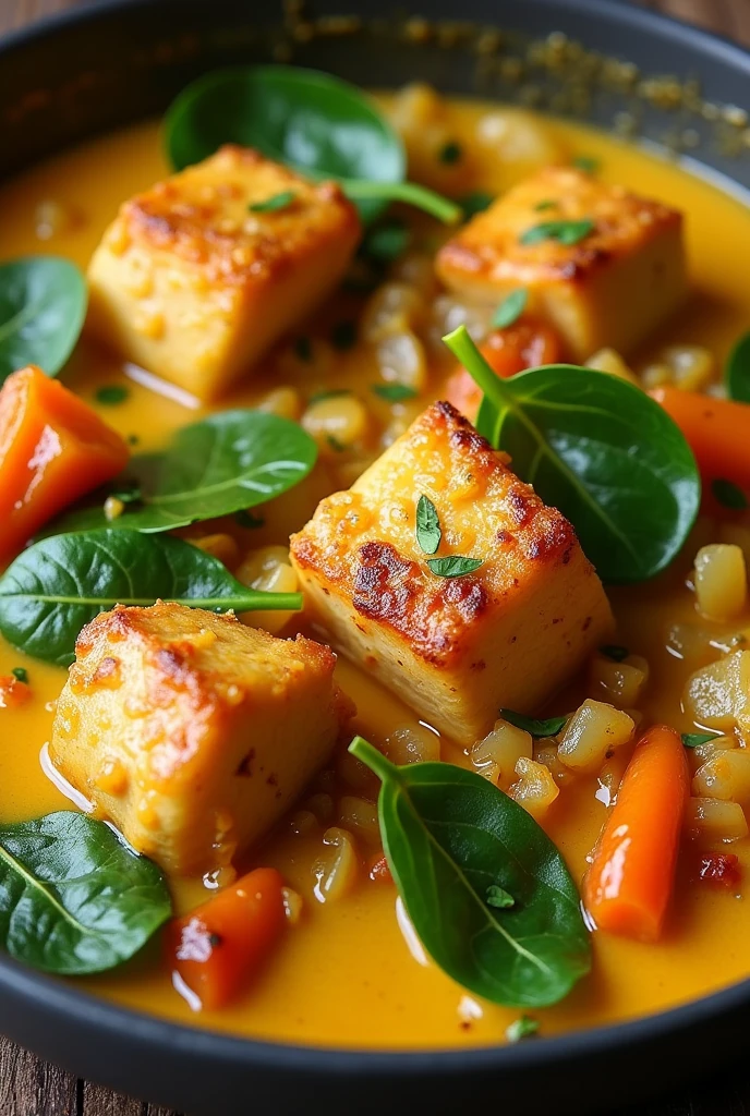 Create an image of this recipe: Chicken Curry with Coconut Milk Ingredients:

- Chicken breast: 200 g - Coconut milk: 200 ml - Curry powder: 10 g - Onion: 50 g - Garlic: 10 g - Fresh ginger: 10 g - Coconut oil: 15 ml - Fresh spinach: 100 g
- Sal: 5 g - Pepper: 2 g Preparation:

1. Cut the chicken breast into cubes and season with salt and pepper..

2. In a frying pan, Heat the coconut oil and sauté the onion, minced garlic and ginger until golden.

3. Add the curry powder and cook for 1 minute to release its flavours..

4. Add the chicken cubes and cook over medium heat until golden brown on all sides..

5. Pour in the coconut milk and bring to a boil. Reduce heat and simmer for 15 minutes..

6. Add the fresh spinach and cook for a further 2-3 minutes., until they wither.

7. Serve the chicken curry hot, accompanied by brown rice or naan bread.
