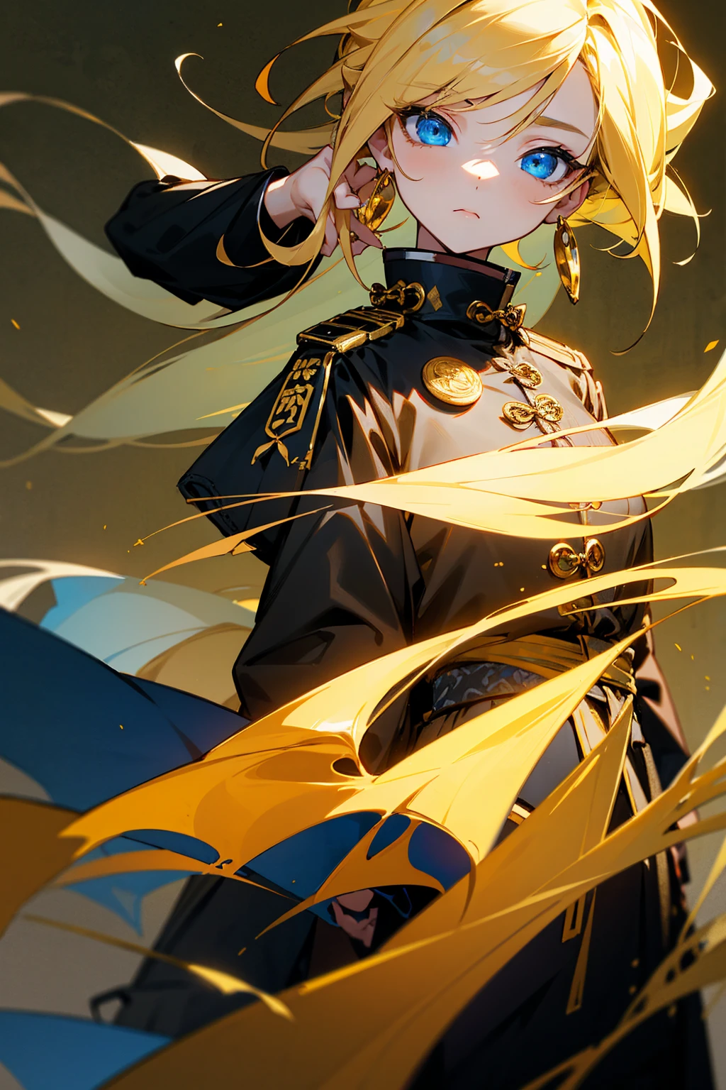 1female, blonde hair, let down hair, messy hair, blue eyes, detailed eyes, calm expression, black and gold chinese emroidered jacket, white shirt, black baggy paants, dangling gold earrings, , simple foggy background, hands to side, standing on path, detailed face