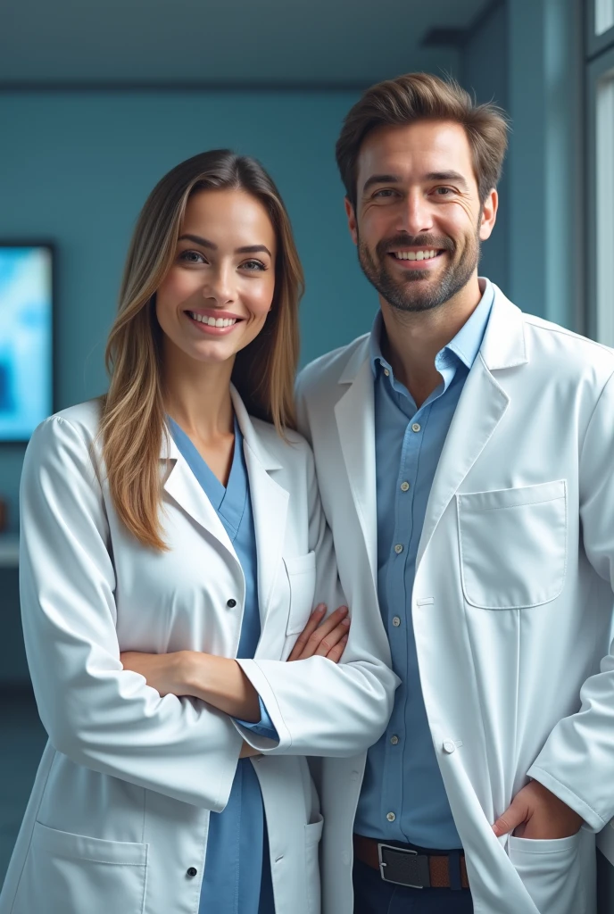 (photorealism:1.2), no esthetoscopes, beautiful female radiologist, standing confidently smiling in a pleasant blue an grey backgound, wearing a tailored white lab coat, long straight hair,  standing next a male radiologist, no esthetoscopes, welcoming personality, wearing tailored white lab coat, indoors, soft lighting, realistic, intricate details, soft cold colors