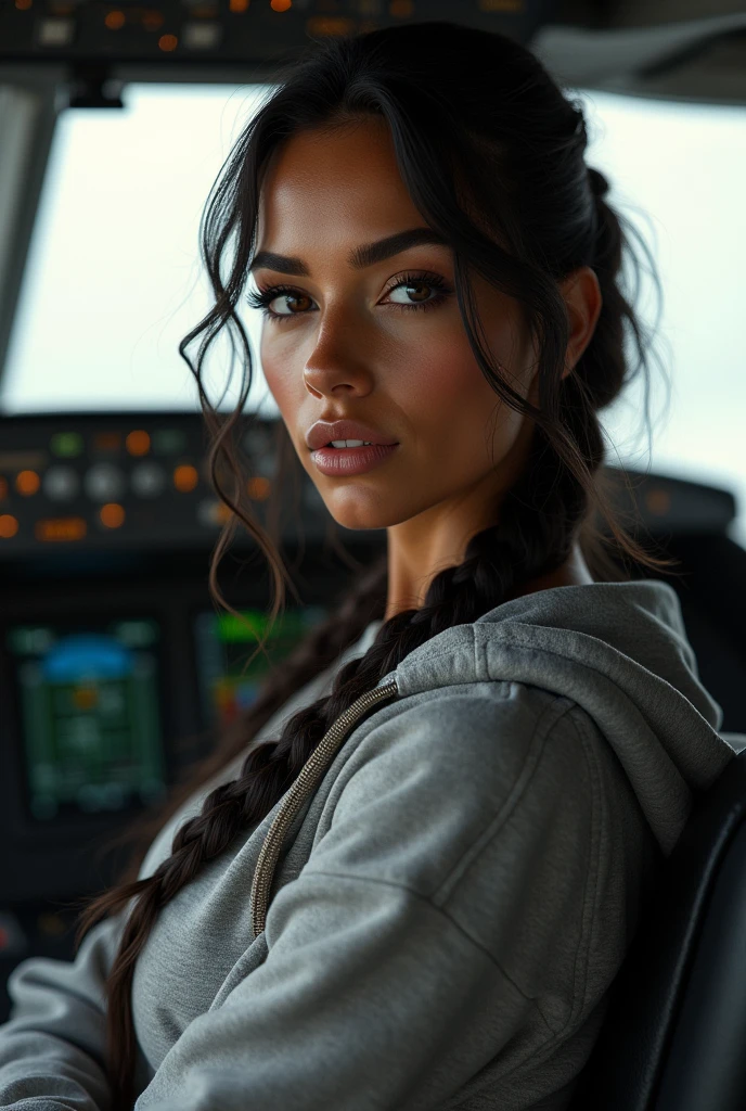 (photorealism: 1.2), hot brazilian sexy girl in sexy dynamic pose. raw portrait photography, hyper realistic and detailed face, complex and realistic skin texture, hot body, athletic body, smiling, long black hair with braid, dressed with long sweatshirt in the cockpit airbus