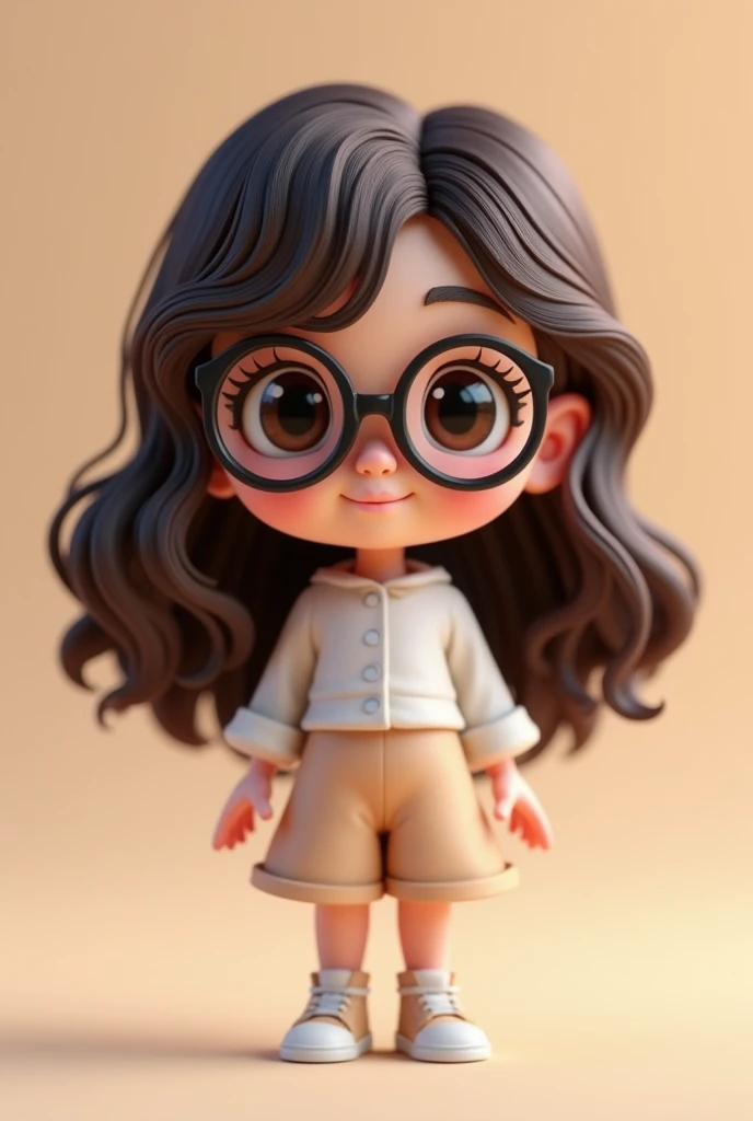 3d chibby brunette girl with wavy dark brown hair, With glasses