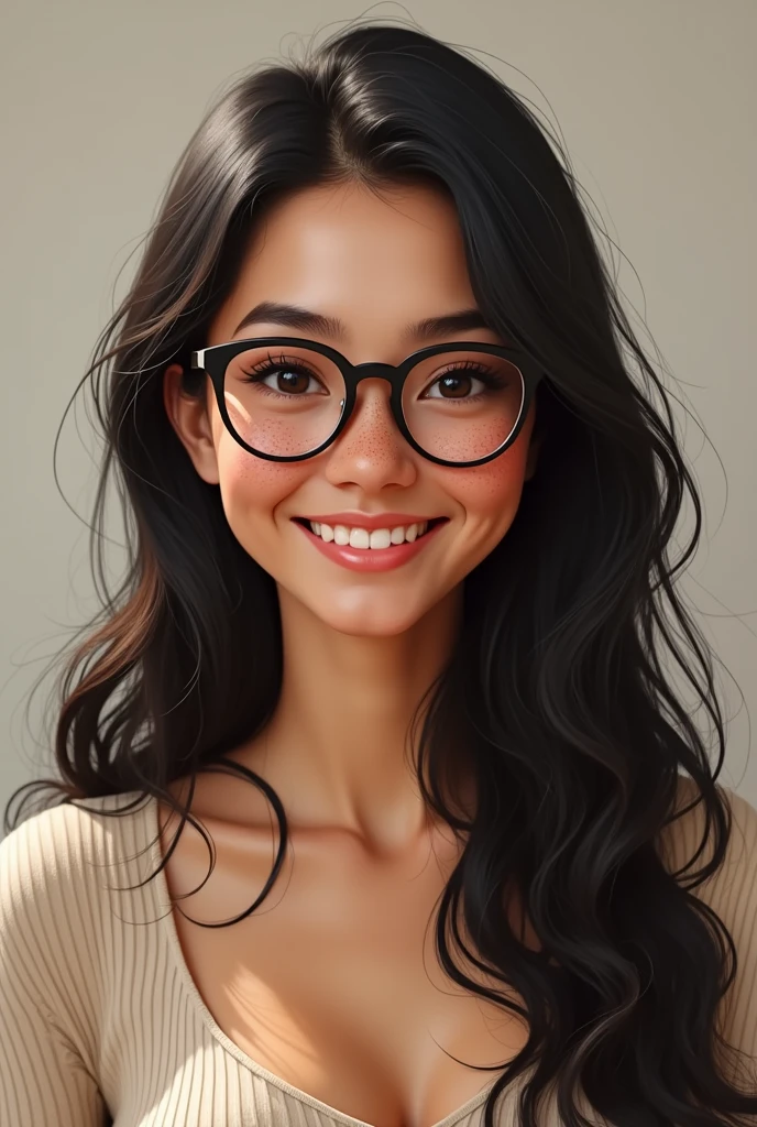 woman long black hair glasses smile decent clothes with white full body avatar brunette chubby round face freckles
