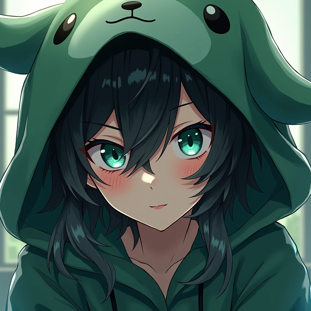 a long black-haired, teal blue-eyed anime boy, wearing a cute green animal hoodie, cover head, long black hair, front view, knees down, overlook, beautiful, masterpiece, best quality,(((hot))) ((sexy pose))) (seductive))) (shiny)))