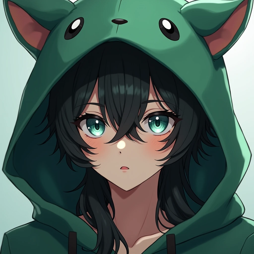 a long black-haired, teal blue-eyed anime boy, wearing a cute green animal hoodie, cover head, long black hair, front view, knees down, overlook, beautiful, masterpiece, best quality,(((hot))) ((sexy pose))) (seductive))) (shiny)))