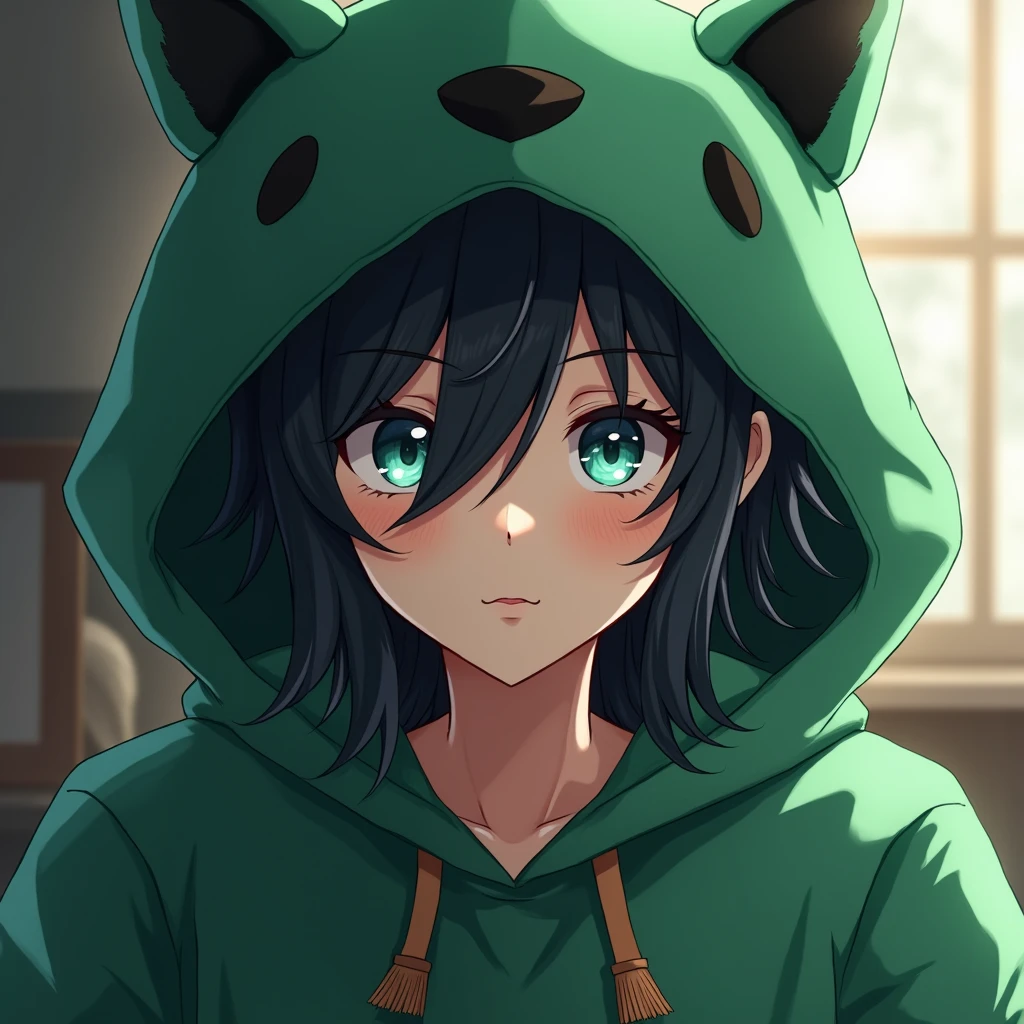 a long black-haired, teal blue-eyed anime boy, wearing a cute green animal hoodie, cover head, long black hair, front view, knees down, overlook, beautiful, masterpiece, best quality,(((hot))) ((sexy pose))) (seductive))) (shiny)))