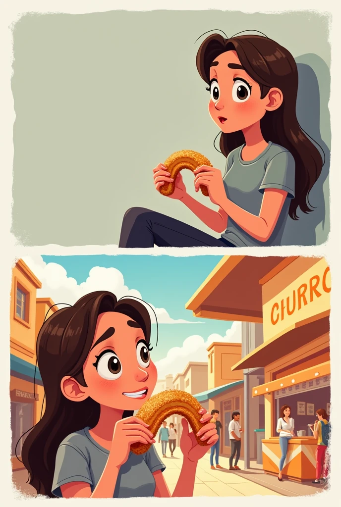 image divided into two vignettes. In the first cartoon a young woman is bored and in the second she tries a churro and becomes happy.