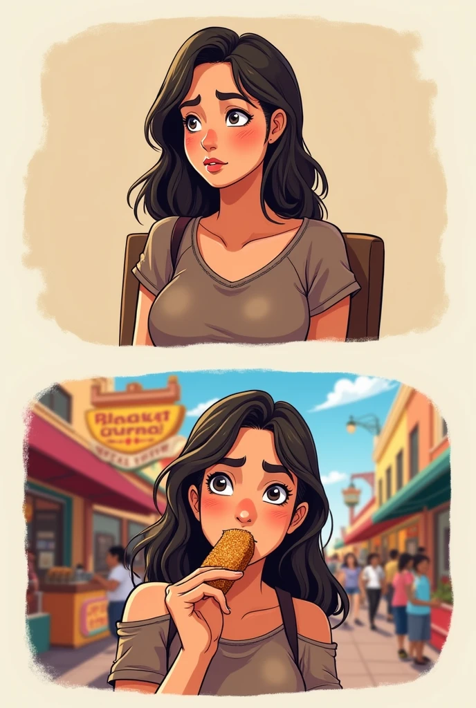 image divided into two vignettes. In the first cartoon a young woman is bored and in the second she tries a churro and becomes happy.