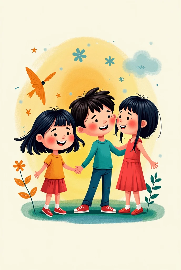 A logo for a shampoo brand called camalu, to be drawn by small children, where three girls and a boy come out 