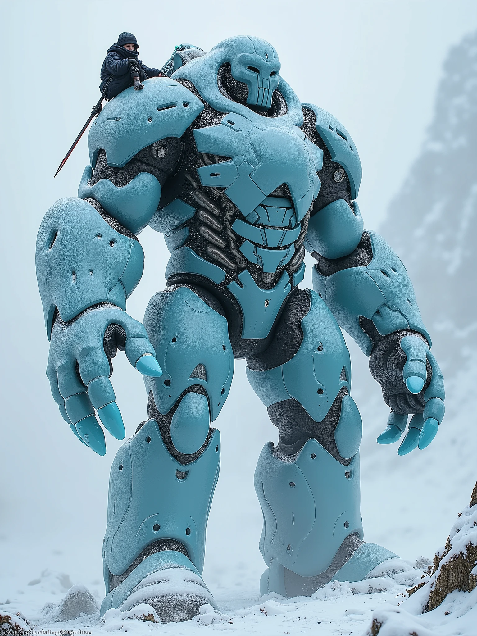 A man deformed into a humanoid ice mutant, wears a shiny ice-themed armor filled with tubes. He is very tall, 2.10 meters, ((has a device on his back similar to a backpack, a person on his back)) his companion, who fights on his back while he is trapped on his back