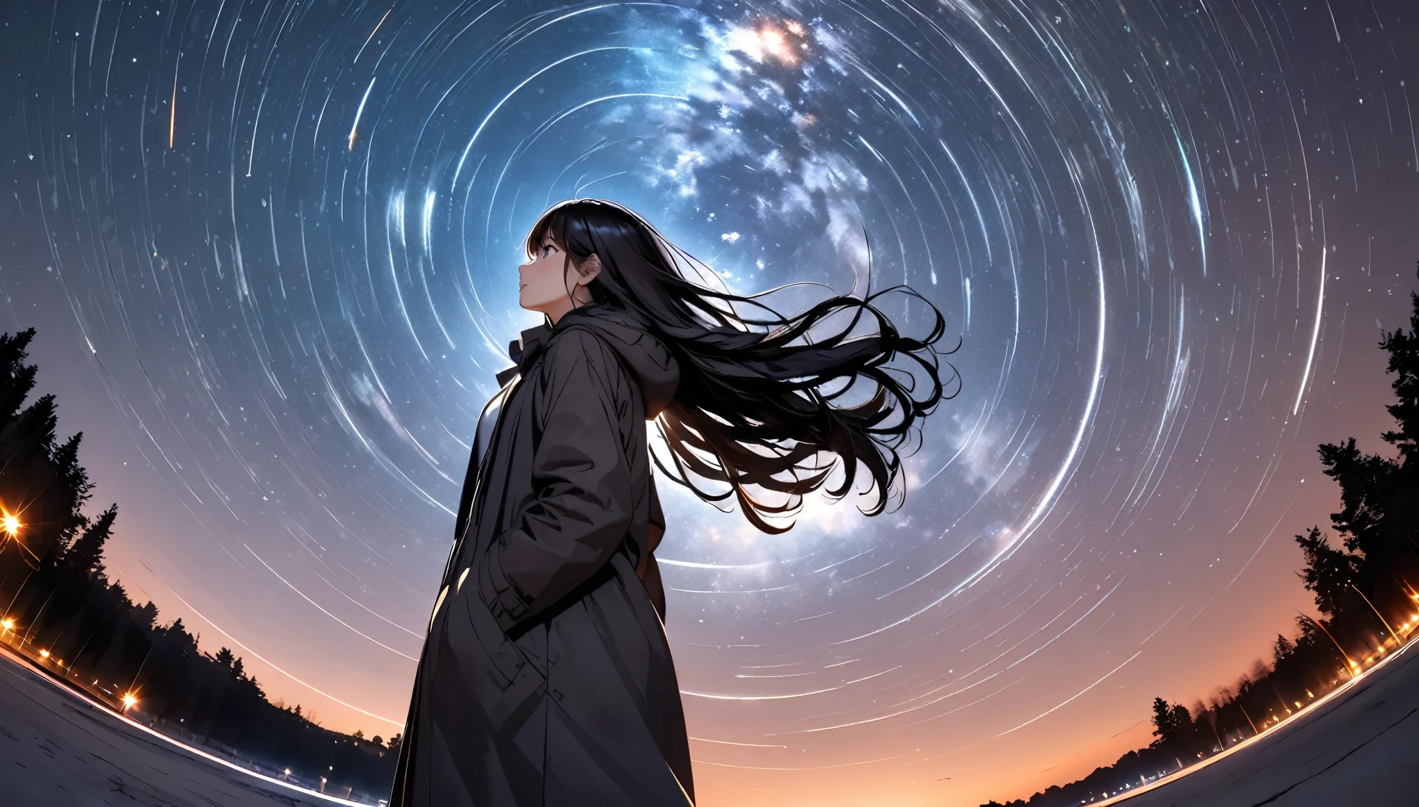 Many stars twinkling in a beautiful bright winter night sky, long exposure starry sky with many circular orbits, silhouette of a young woman with long hair with her hands in her coat pockets looking up at it, photo taken from long distance, photo from below