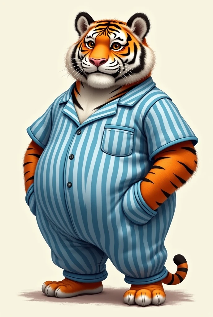 Chubby tiger in blue doctor's pajamas (realistic drawing)
