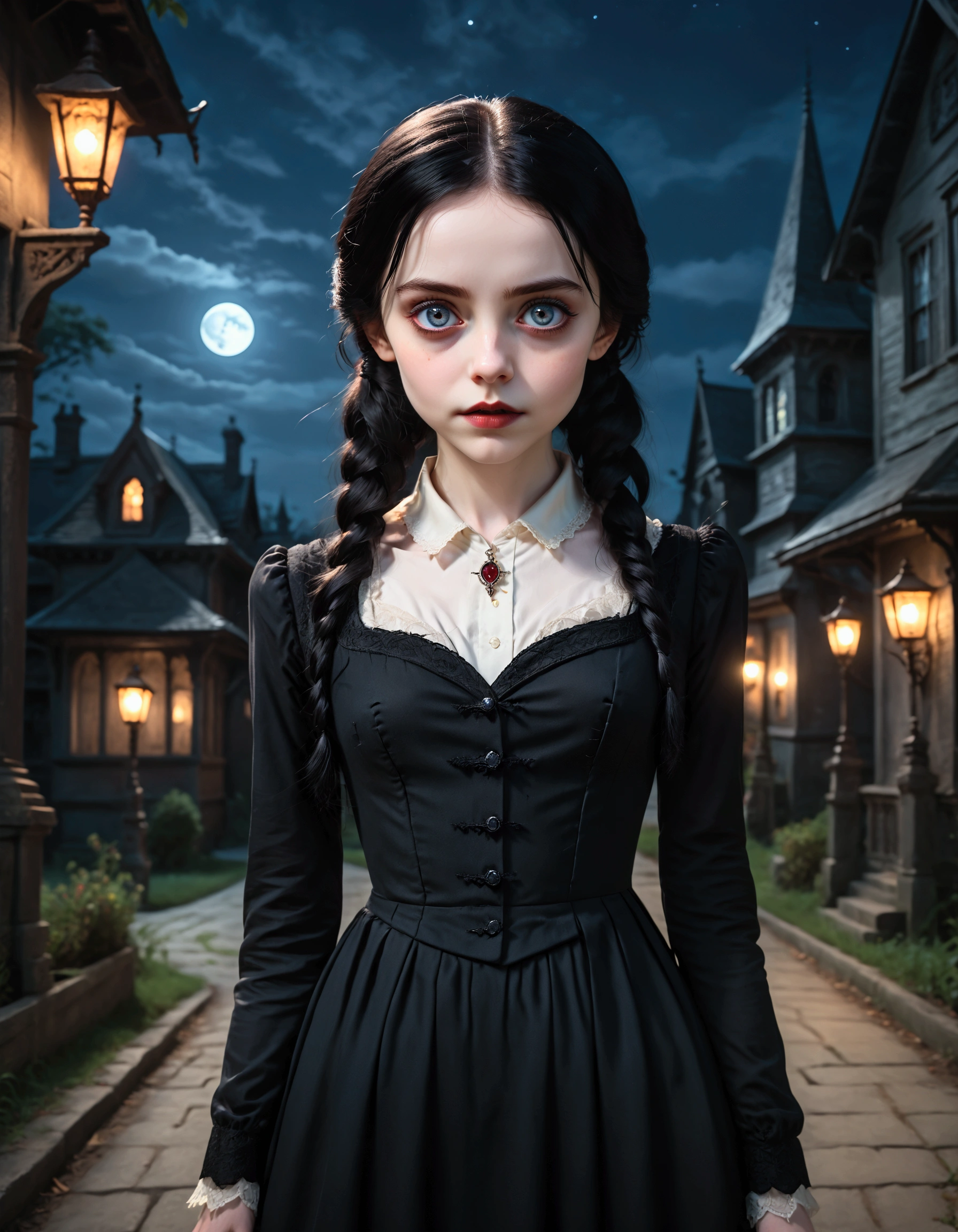 masterpiece, best quality, vampire family, full figure skinny mom whit old daughter, lesbian family,cinematic, moonlight night, best quality, full body shot, an elegant tall slender girl, 8k, perfect and deep shadows, detailed eyes, full body shot, high quality picture, high detailed background, HD shadows, (glowing eyes:1.1), an evil grin, fangs are visible, pale skin, black hair, neodark, big eyes, wednesday