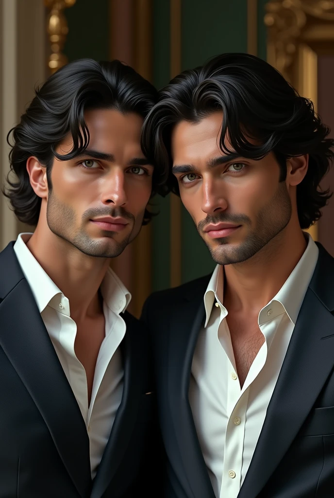 2 Italian man with wavy black hair with light blue eyes and diamond face without beard