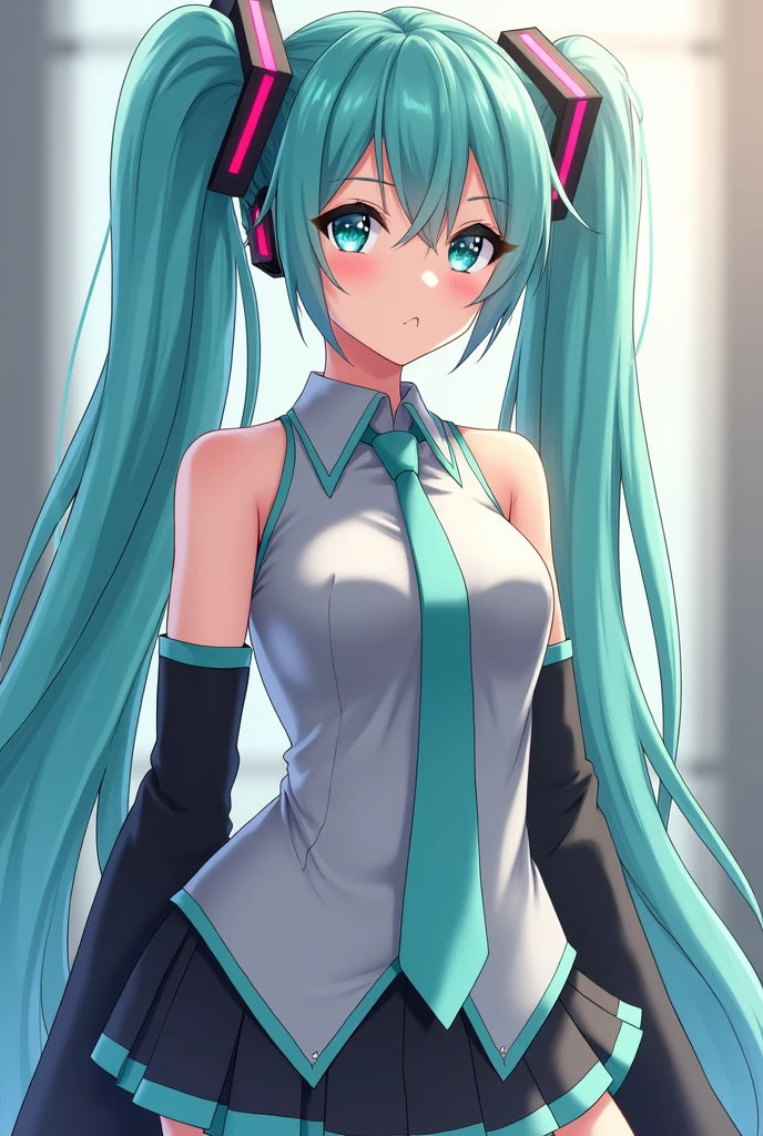 Make a picture of Hatsune Miku with huge breasts without any type of clothing
