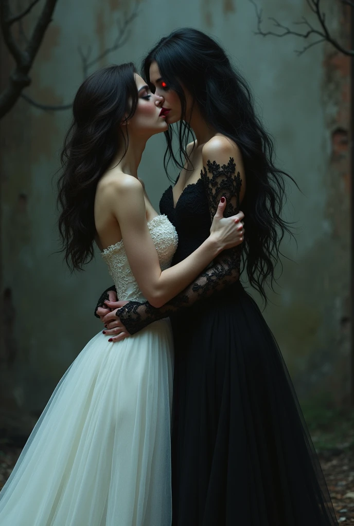 Masterpiece,
Beautiful bride in white dress seduced by alluring lesbian vampire woman, evil, gothic black lace dress, flattering, cleavage, Long Hair, kiss, glowing red eyes, (full body)