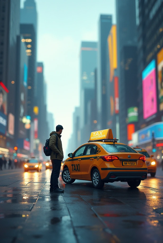 1 taxi and an individual with their logo up in the city asking for a ride