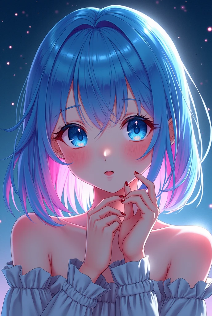 (masterpiece), (((of the highest quality)), (Super detailed), 1 girl, (Cabello iridiscinte, colorful hair, half blue and half pink hair: 1.2), , (yukina: 1.2), exterior, hits, smile, sky blue eyes, perfect hands, perfect hands, hand details, corrected fingers. pindiintes, Tiinda nocturna + bottom, looking_in_viewer, cowboy shot, top quality, rich detail, Calidad de imagin perfecta,