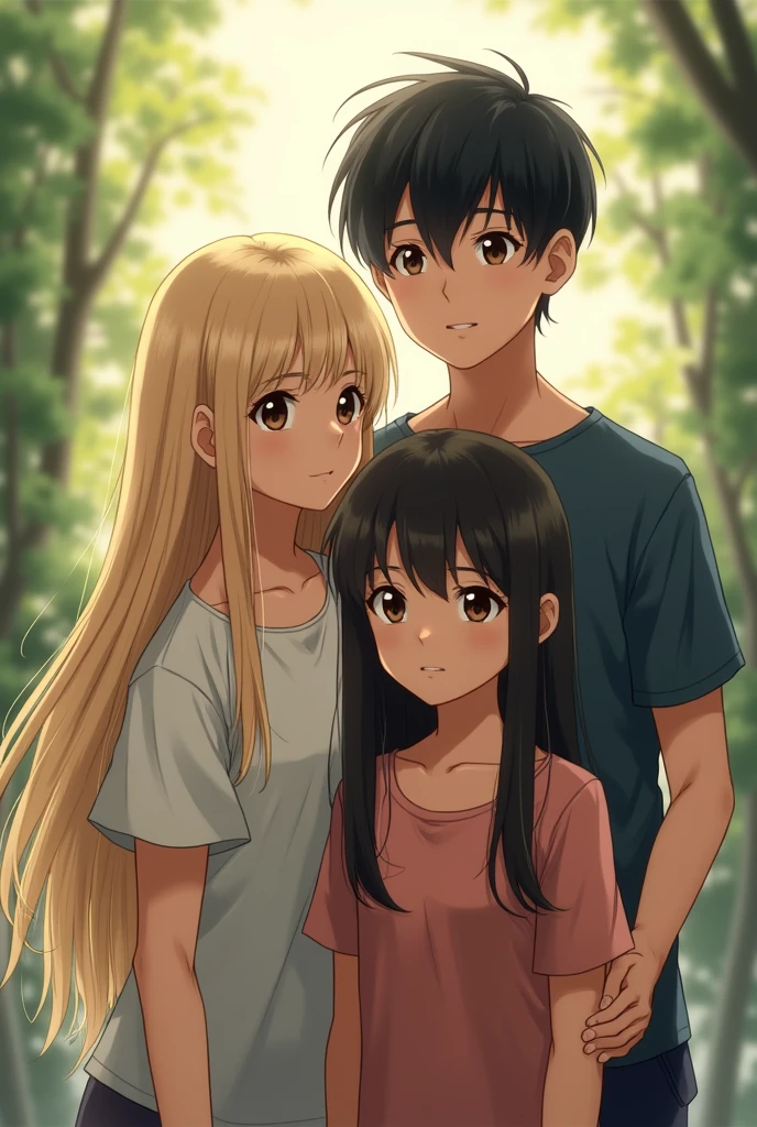 You can make a group of 3, two girls and a boy. , One has long blonde hair and is thin , The other girl is shorter than the other girl and has black hair and her hair reaches her chest. , The boy is tall and has black hair with short hair