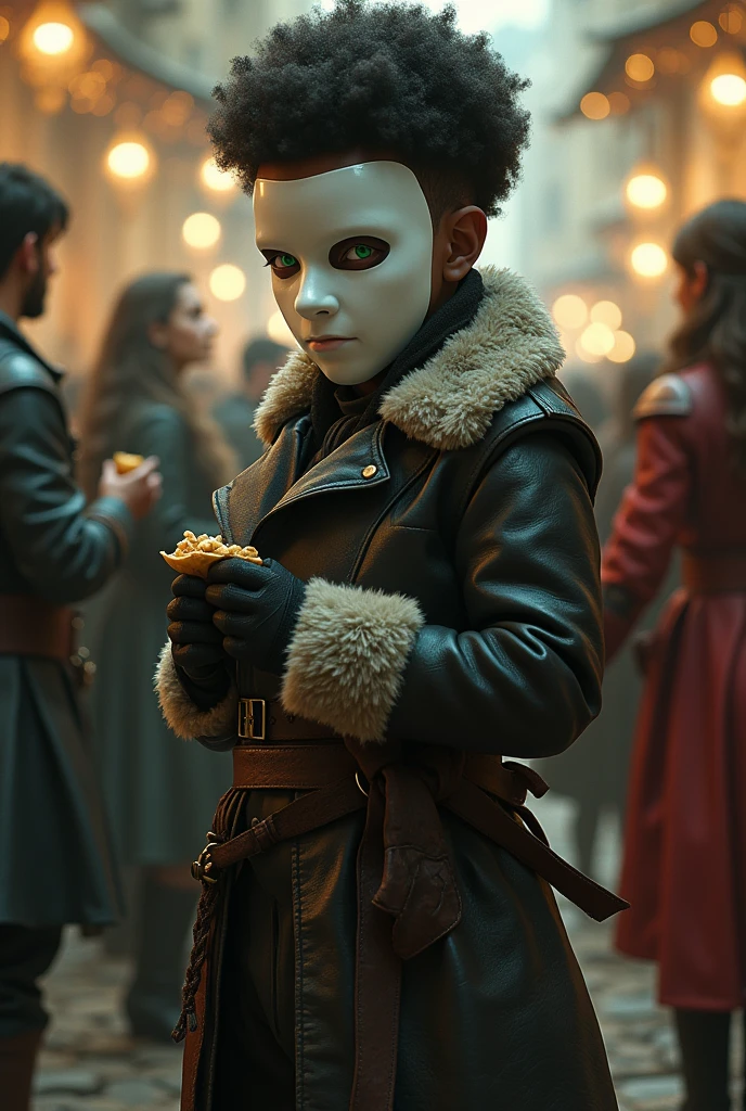 At a masquerade party in the medieval city, a black boy, with green eyes, short afro hair, with face white masked faceless, in beaten leather, with kid gloves, and furry boots, holds his snack