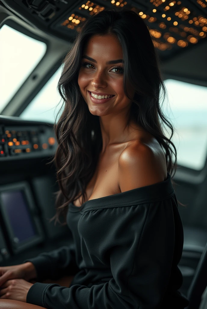 (photorealism: 1.2), hot brazilian sexy girl in sexy dynamic pose. raw portrait photography, hyper realistic and detailed face, complex and realistic skin texture, hot body, athletic body, smiling, long black hair, dressed with long sweatshirt black in the cockpit airbus