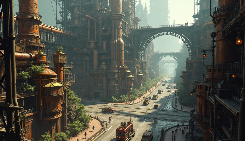an intersection in a large steampunk city with three paths: an underground tunnel, an open street and a forested area.