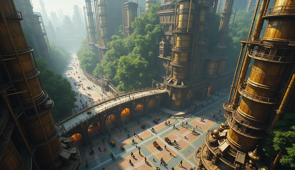 an intersection in a large steampunk city with three paths: an underground tunnel, an open street and a forested area.
