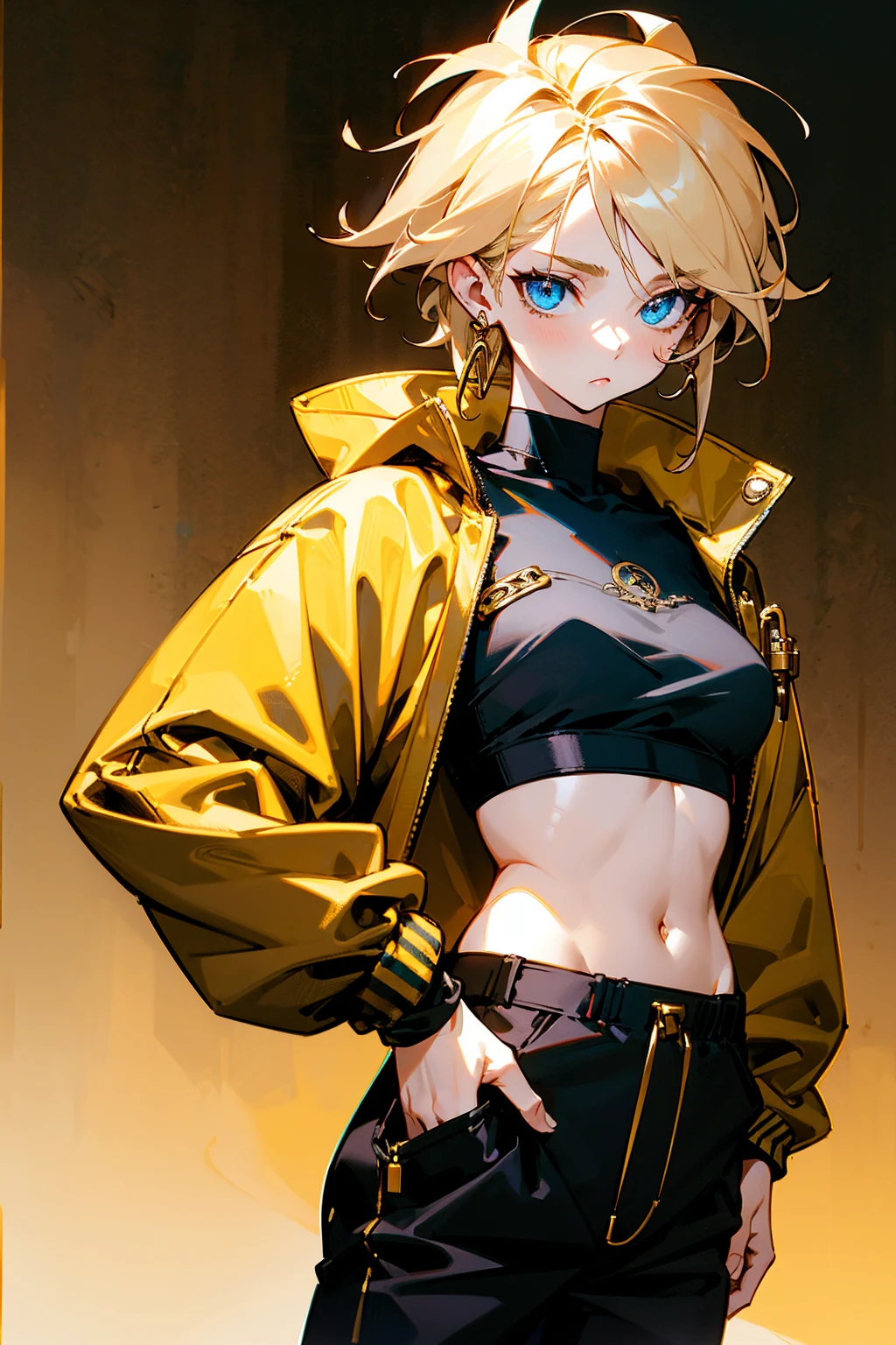 1female, blonde hair, let down hair, messy hair, blue eyes, detailed eyes, calm expression, black croptop, baggy bright red and gold sports jacket, baggy black pants, dangling gold earrings, , simple foggy background, hands to side, standing on path, detailed face