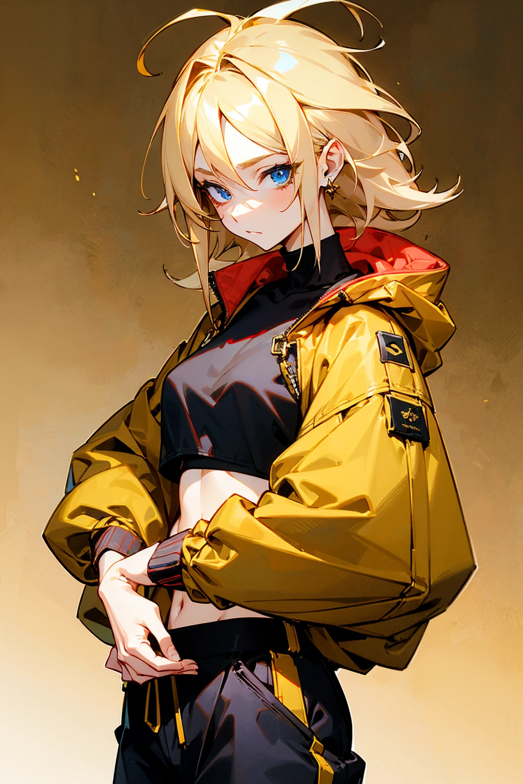 1female, blonde hair, let down hair, messy hair, blue eyes, detailed eyes, calm expression, black croptop, baggy bright red and gold sports jacket, baggy black pants, dangling gold earrings, , simple foggy background, hands to side, standing on path, detailed face